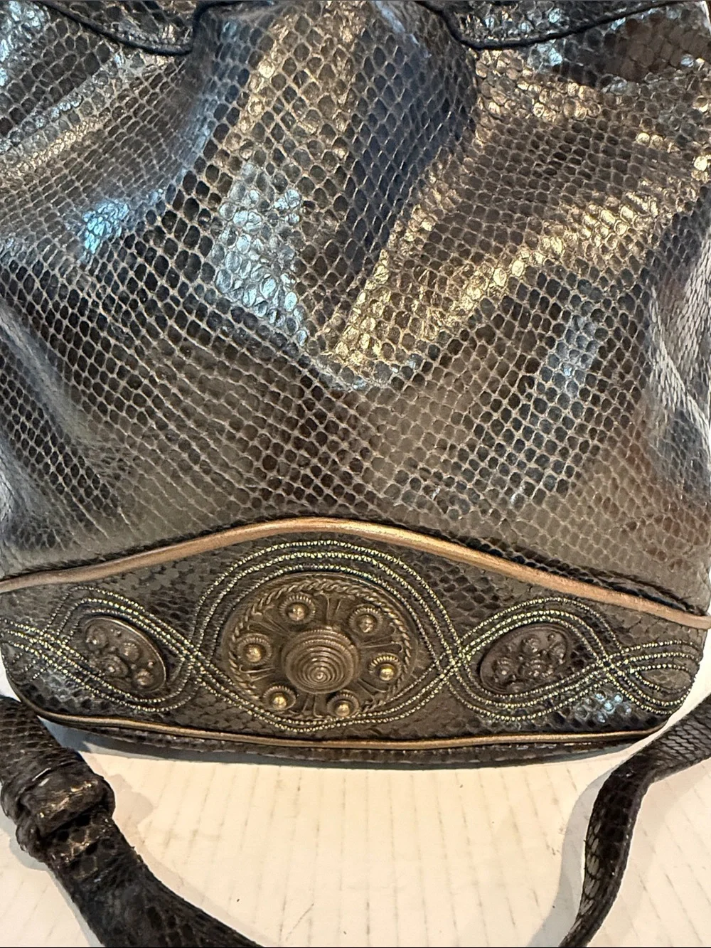 Sharif Black  & Bronze Textured Drawstring Vintage Bucket Crossbody Bag